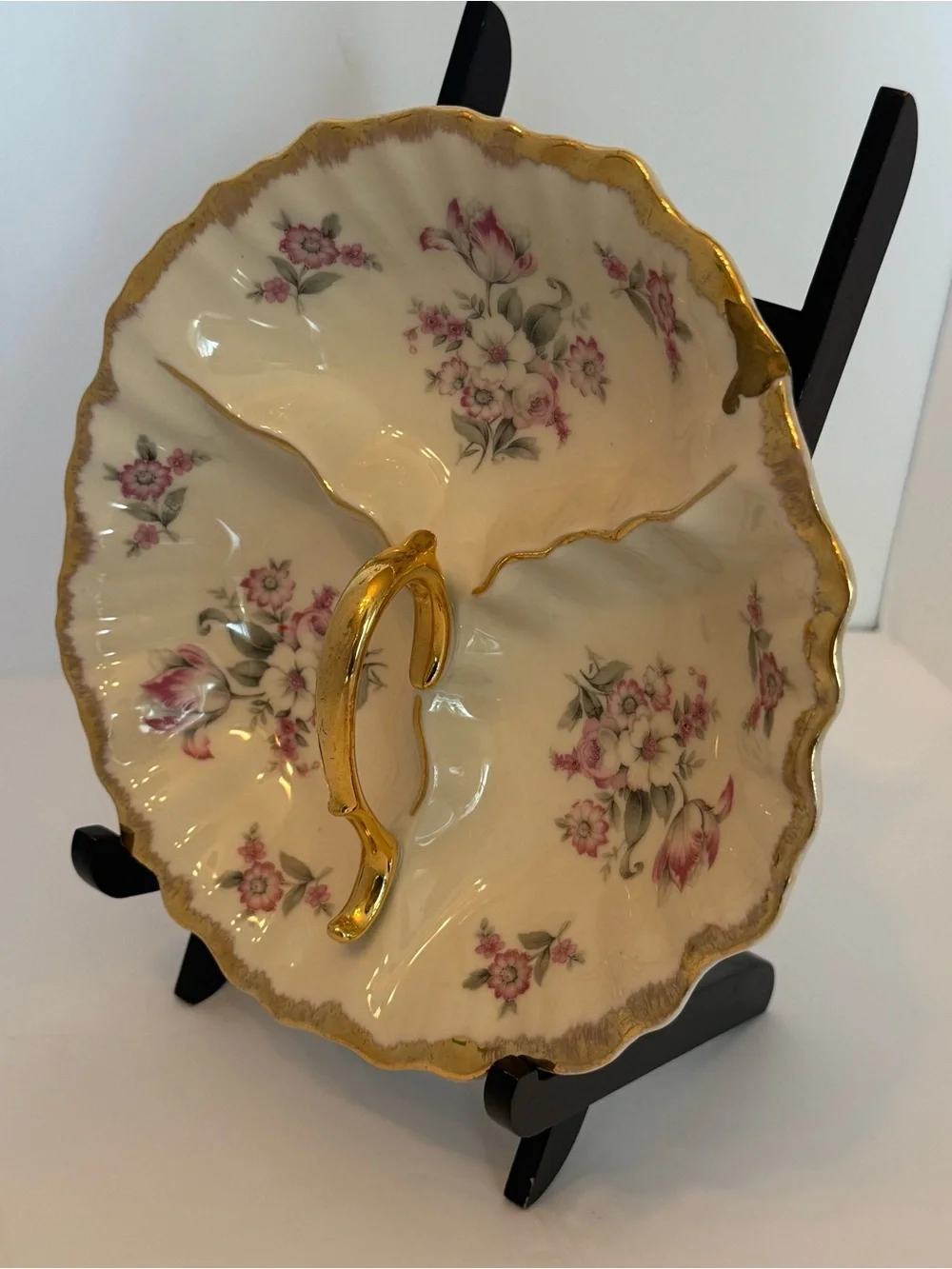 Antique 22k Gold Trim Divided Floral Relish Serving Dish Bowl with Handle